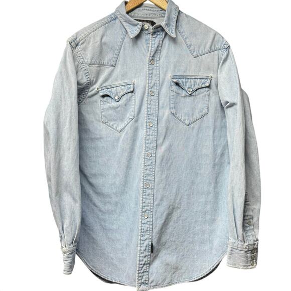 Double RRL Ralph Lauren Mens Size Medium Denim Shirt Light Wash Western Flaws - Picture 1 of 8